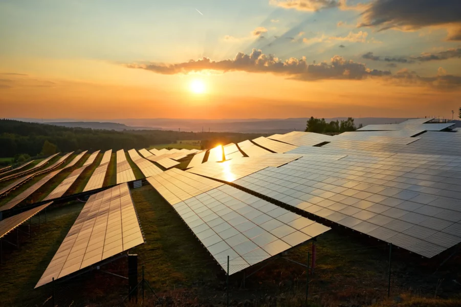 e2fdef7d-photovoltaic-panels-of-solar-power-station-at-sunset-662095604