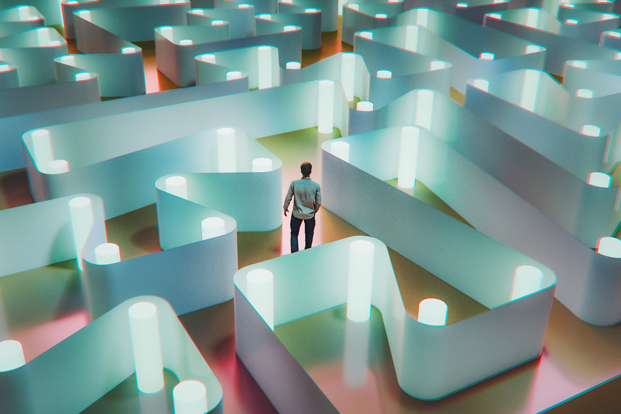 Man walking in abstract maze