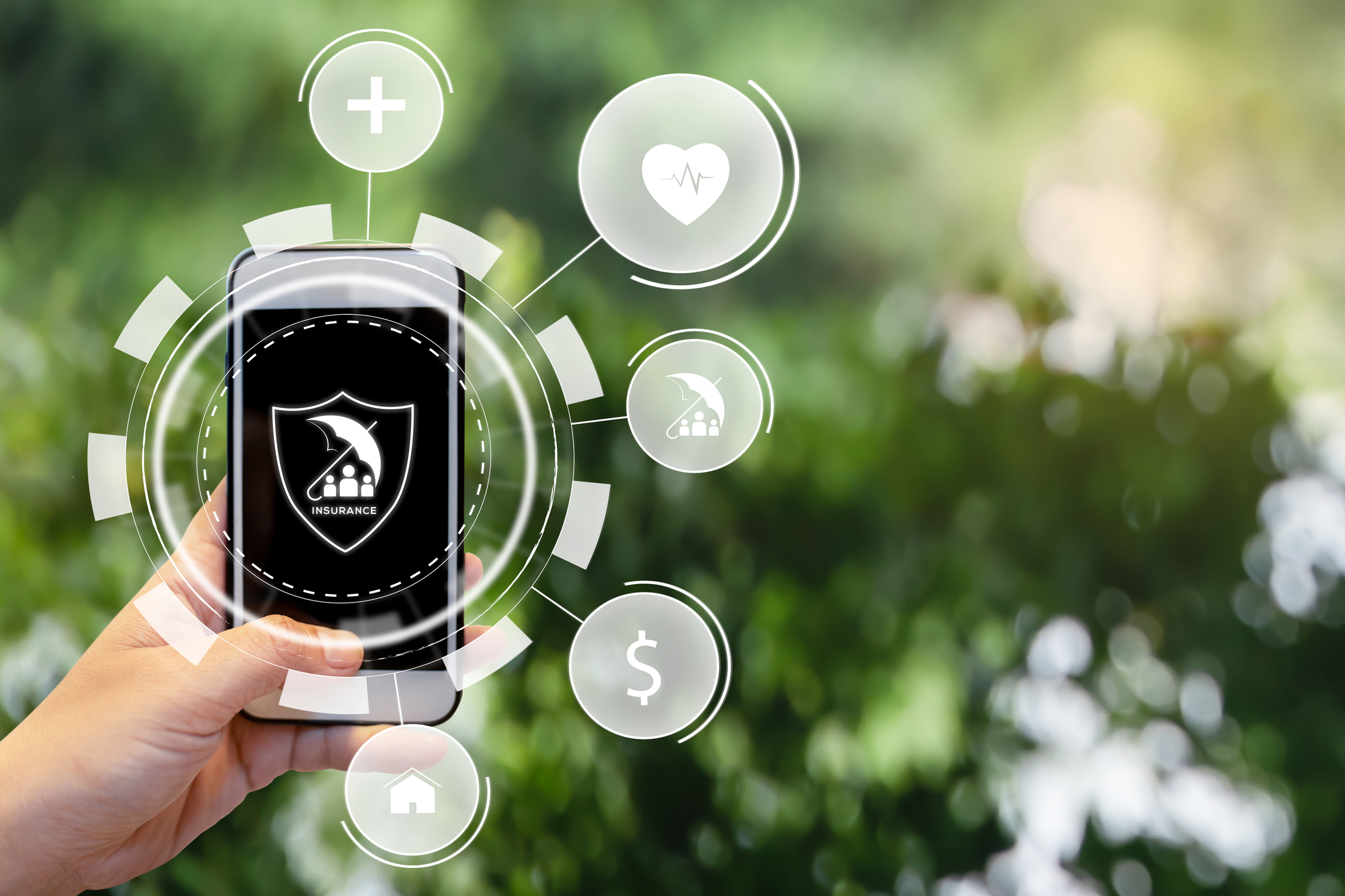 Hand holding smartphone for select insurance technology