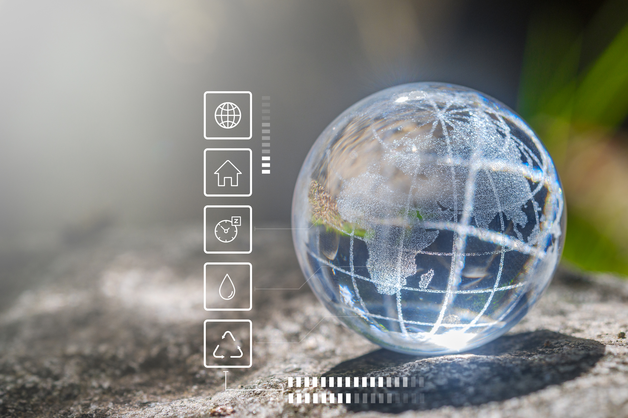 Glass globe in green forest with the icon environment of ESG