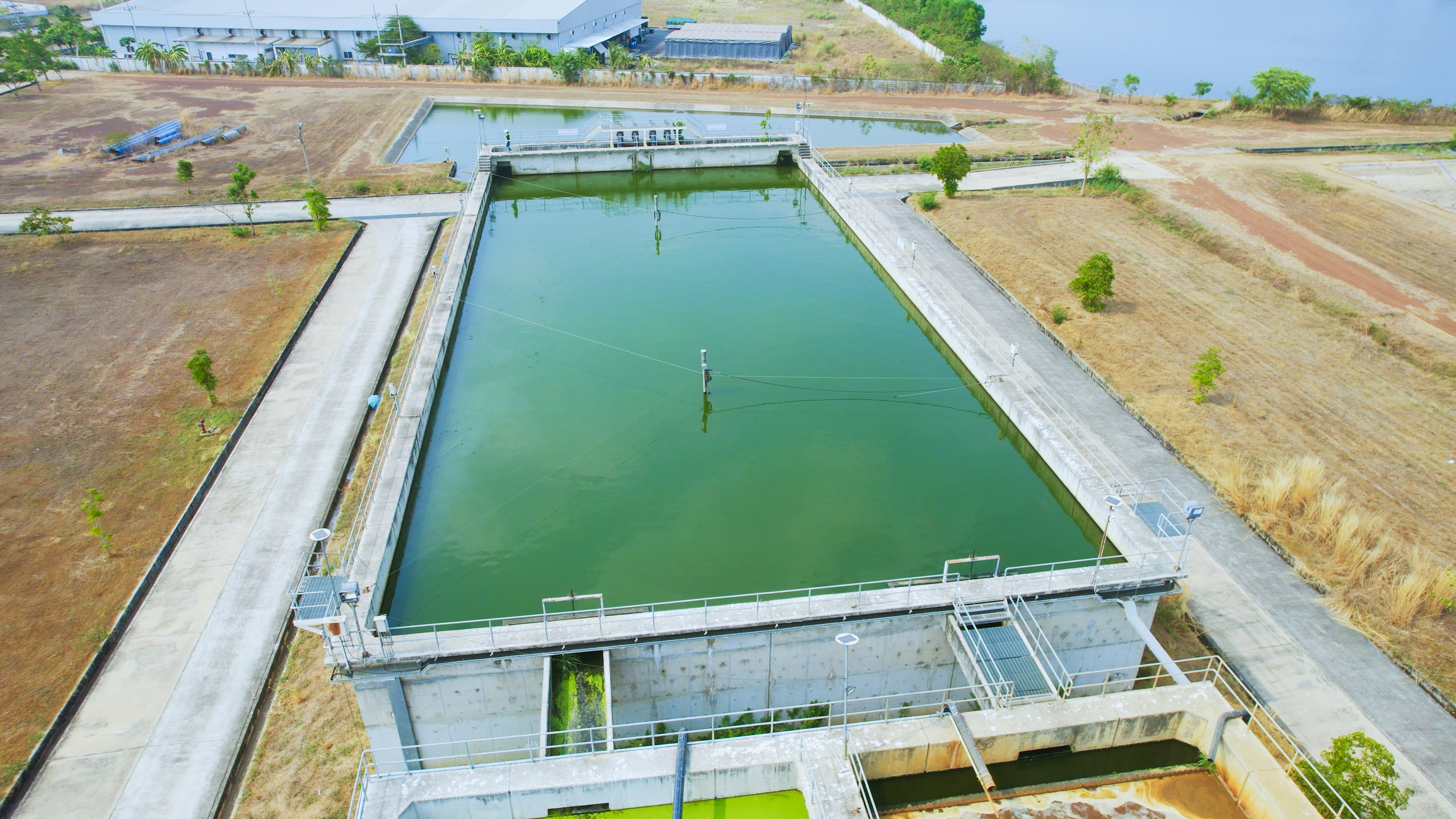 Aerial view of Environmental engineers work at wastewater