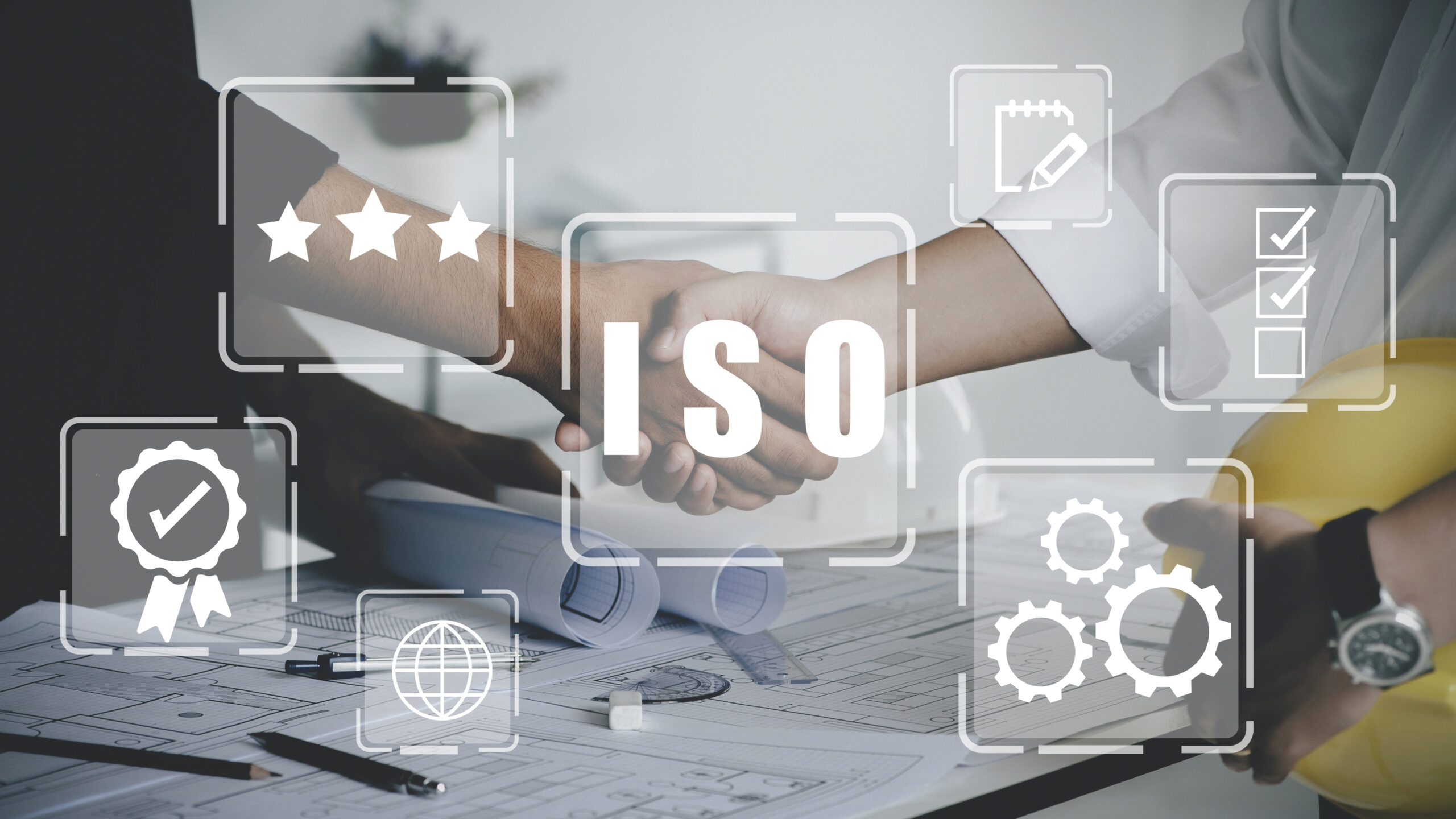 ISO standards quality control concept, assurance warranty"nfor construction industry engineers or architects. engineer handshake after consultation and conference new project plan