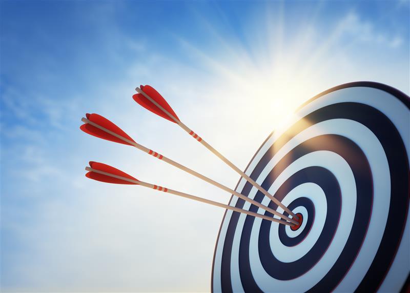 Archery-target-and-arrow-3D-on-blue-sky-1190550908