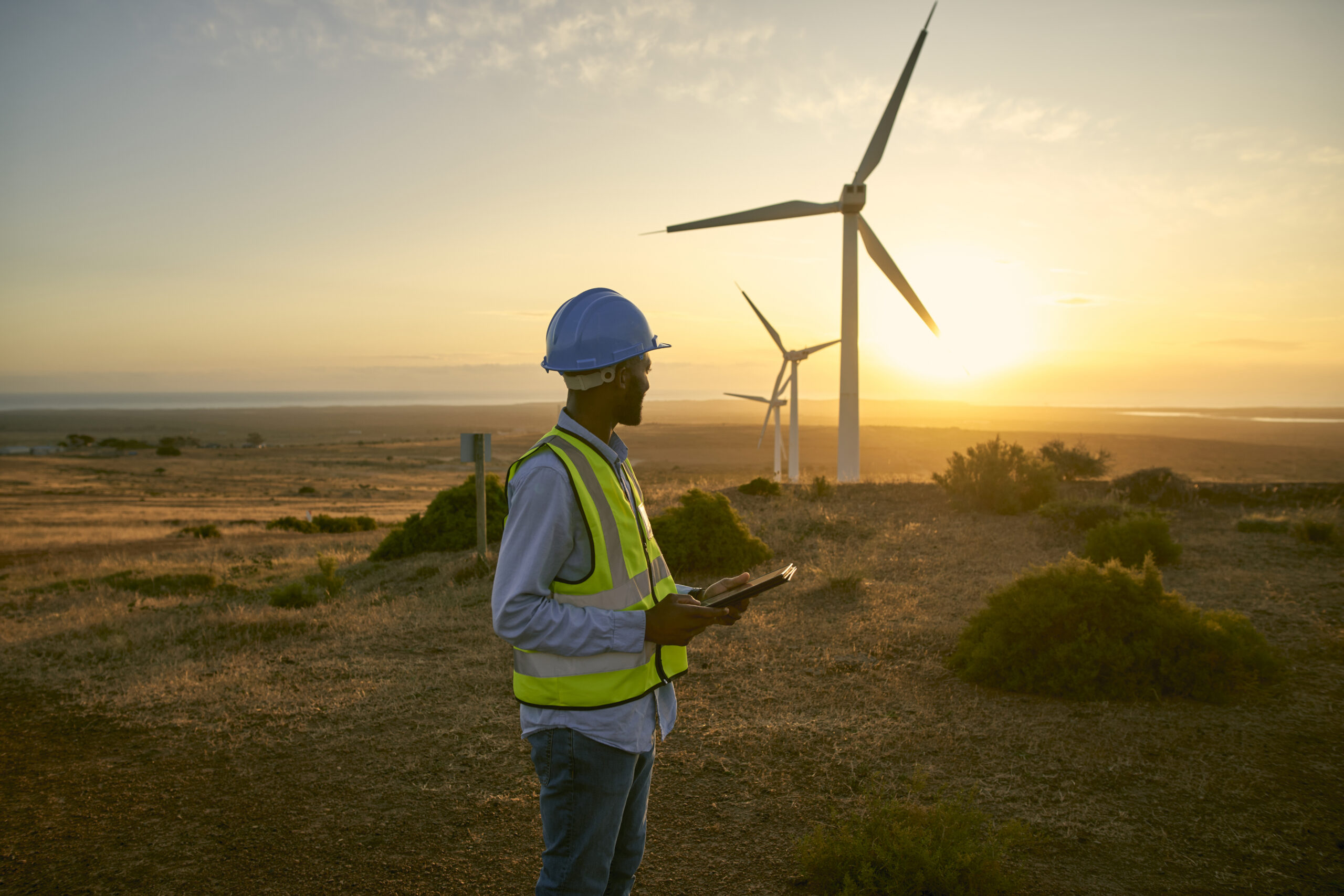 Wind turbine, field and engineering man with renewable energy for countryside, sustainability and farming technology. Clean energy, sustainable and electricity windmill of person on tablet in sunset