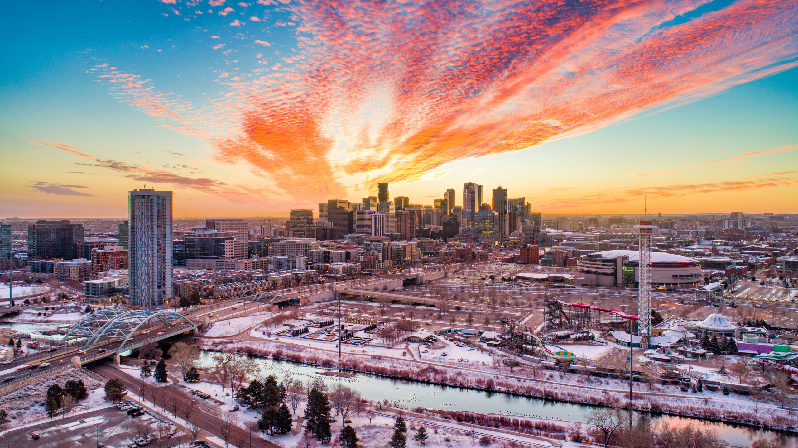 Denver, Colorado, USA Downtown Skyline Drone Aerial.
