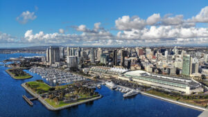 Aerial photo of the San Diego waterfront on an overcast day