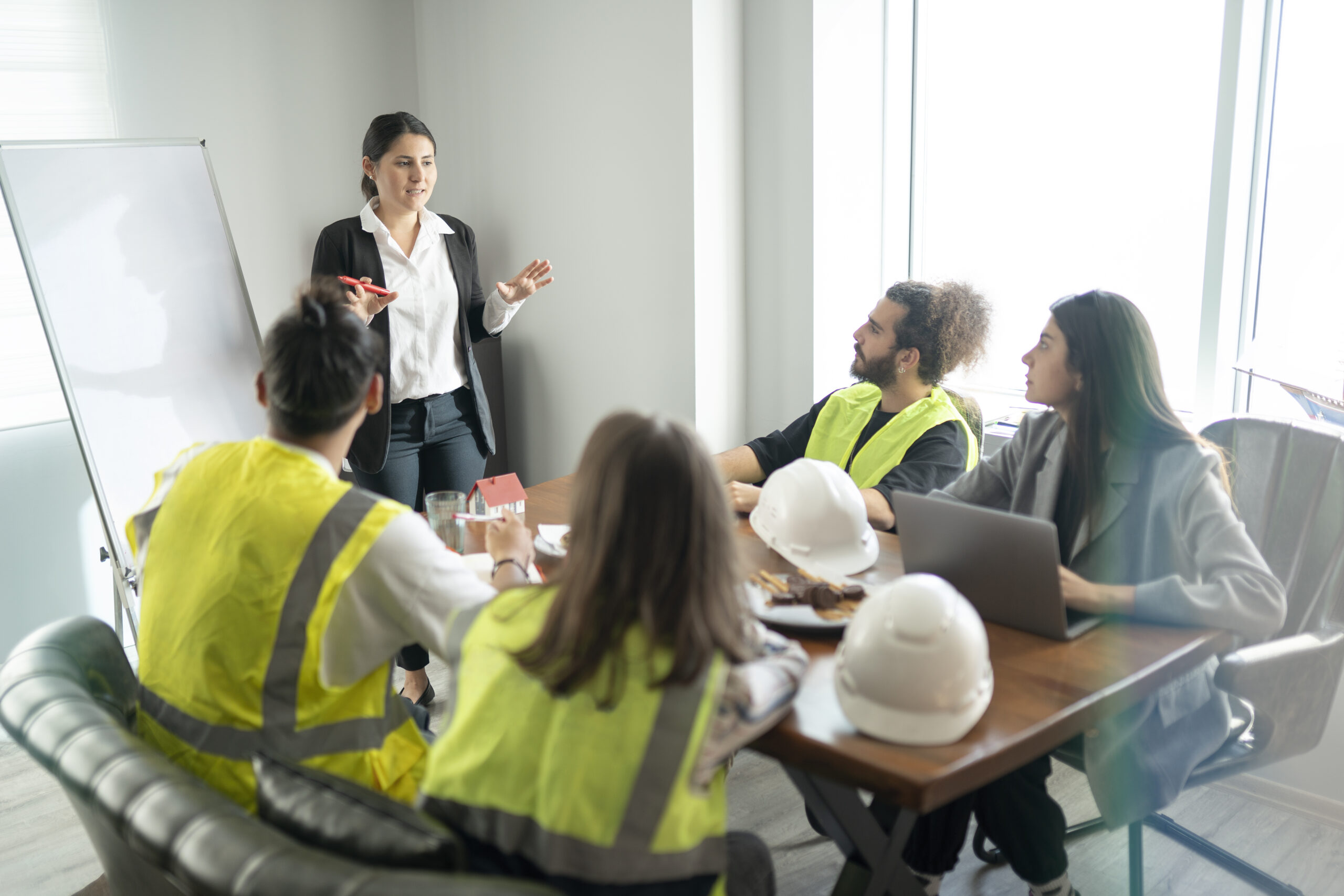 A businesswoman is talking about new project in the meeting room. Her team is sitting around a table and listening their manager carefully.
