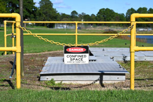 Danger confined space sign on a fence around a man hole