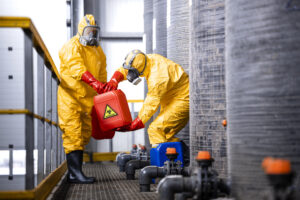 Two men in PPE handle a toxic container