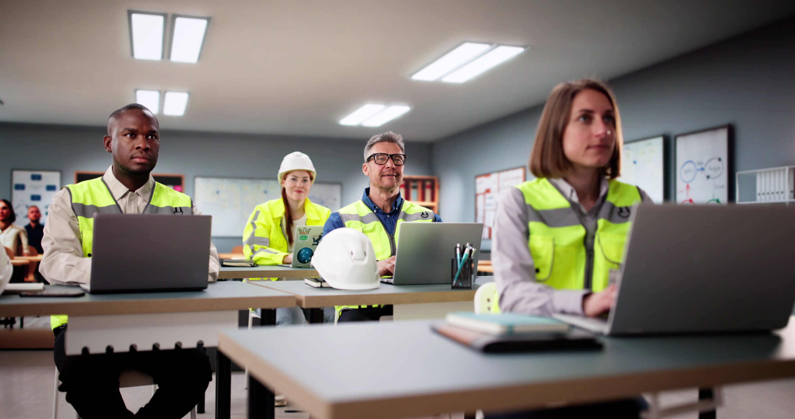 A group of people in yellow safety vests sit in a classroom with laptops