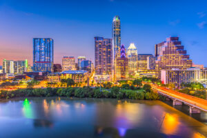 Austin, Texas, USA downtown skyline over the Colorado River.