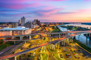 Memphis, Tennessee, USA downtown skyline at dusk.