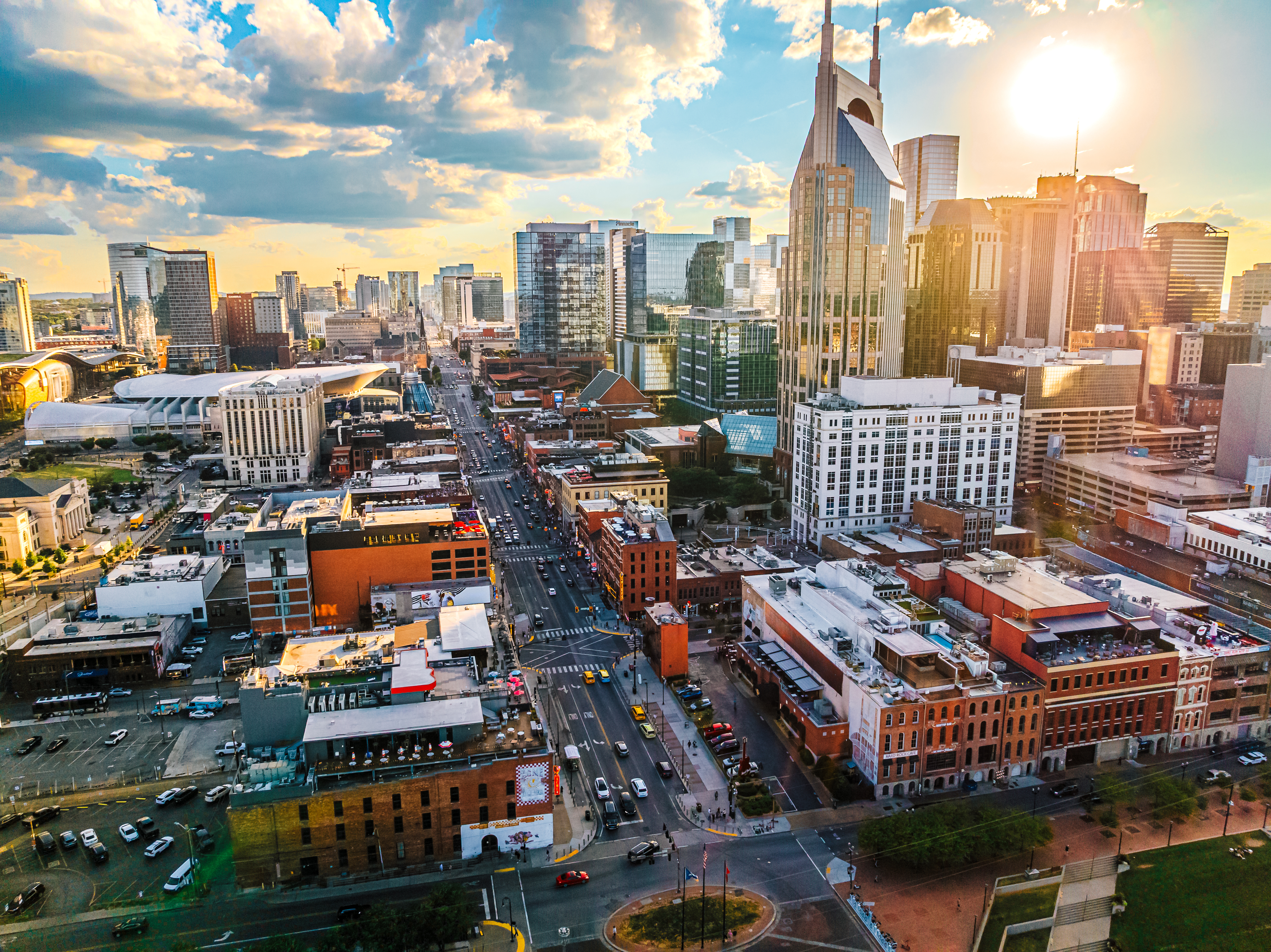 Elevated View of Tourism Center Broadway in Downtown Nashville, Tennessee on a Sunny Summer Afternoon from the North Side of the Cumberland River near Nissan Stadium